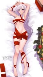 armpits belly_button big_breasts blue_eyes breasts christmas_present christmas_tree full_body half_naked hololive hololive_indonesia hololive_indonesia_holoro landacdeus lying_down nail_polish nipples pavolia_reine ribbon ribbon_bondage silver_hair thighs virtual_youtuber