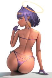 1girls ass big_ass blue_eyes female female_only gloves halo hololive hololive_english hololive_myth looking_at_viewer looking_back ninomae_ina'nis o-ring_bikini o-ring_top pointy_ears purple_gloves purple_hair seductive seductive_smile solo swimsuit tan-skinned_female tan_skin tungsten_(kwfr4544) virtual_youtuber