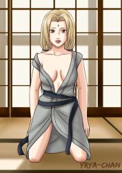 1girls breasts cleavage female loose_clothes naruto naruto_(series) open_clothes partially_undressed pinup_pose robe seductive solo solo_female stripping tsunade yrya-chan