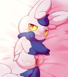 alacarte anus blush female generation_6_pokemon genitals hi_res lying meowstic nintendo no_humans pokemon pokemon_(species) pussy red_eyes smile solo video_games white_body