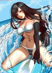 1girls bikini black_hair breasts clouds didi_esmeralda final_fantasy final_fantasy_vii gloves large_breasts long_hair looking_at_viewer low-tied_long_hair navel ocean outside red_eyes side-tie_bikini side-tie_swimsuit sky strapless_bikini strapless_swimsuit surfboard surfing swimsuit tifa_lockhart water white_bikini white_swimsuit