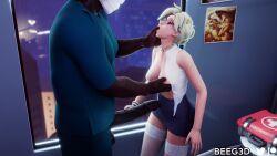 1boy 1girls 3d beeg3d big_penis blonde_female blonde_hair breast_grab breast_squeeze breasts_out choker dark-skinned_male female glasses handjob huge_cock interracial light-skinned_female male male/female mercy overwatch penis thumb_sucking