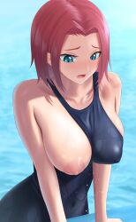 1girls big_breasts big_nipples big_shoulders blue_eyes blue_swimsuit blush blushing code_geass cute cute_expression cute_face embarrassed exposed_breasts kallen_stadtfeld light_blue_eyes one_breast_out pink_hair pool poolside red_hair run_sho school_swimsuit short_hair shoulders solo swimming_pool swimsuit tagme tight_clothing water water_drop wet_body wet_breasts wet_clothes wet_clothing wet_skin