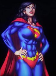 1girls abs alien alien_girl artist_request big_penis black_background black_hair blue_eyes breasts cape curvaceous curvy curvy_body curvy_female curvy_figure dc dc_comics earth_11 female female_only fit fit_female kryptonian light-skinned_female light_skin lipstick muscular muscular_female rule_63 short_hair solo superheroine superman_(series) superwoman thick thick_thighs thighs tight_clothing trunks_(clothing) voluptuous voluptuous_female wide_hips