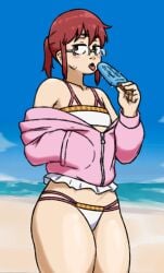 1girls bikini bikini_bottom bikini_top blush bottomwear eyewear female female_only flat_chest flat_chested glasses jacket kobayashi miss_kobayashi's_dragon_maid pink_jacket popsicle red_eyes red_hair rottedpaint solo solo_female swimsuit swimwear thighs topwear