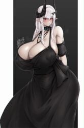 1girls arknights big_breasts black_dress breasts busty dress enormous_breasts giant_breasts gigantic_breasts huge_breasts large_breasts long_dress long_hair massive_breasts mudrock_(arknights) red_eyes voluptuous white_hair zer0artzer0