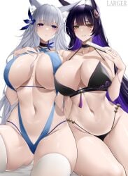 2022 2girls azur_lane bikini black_bikini black_hair blue_bikini breasts facial_markings female female_only fox_ears fox_girl hair_ornament hi_res huge_breasts kitsune larger_bmx light-skinned_female light_skin long_hair looking_at_viewer musashi_(azur_lane) naughty_face shinano_(azur_lane) sling_bikini smile white_hair yellow_eyes