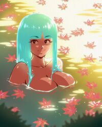 akairiot breasts casual female humanoid in_water kelda_(akairiot) leaves looking_at_viewer nudist original outdoors pale_skin smile solo solo_female water water_hair