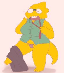 1girls 2d alphys aruput aruput_ut chubby female female_only glasses humanoid lizard_girl lizard_humanoid panties skirt skirt_down solo tagme undertale undertale_(series) undressing