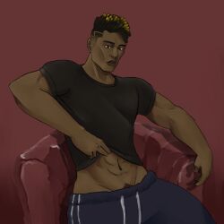 abs dark-skinned_male dark_skin dreadlocks multicolored_hair muscular muscular_male phoenix_(valorant) pulling_down_pants pulling_up_shirt sitting sitting_on_chair solo_male tagme undercut undercut_dreads valorant