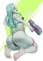 1girls ass ass_cleavage big_ass big_butt blush blushed_soles bokuman bottom_heavy breasts butt butt_crack cameltoe cybernetics cyberpunk:_edgerunners cyberpunk_2077 cyborg feet female female_only firearm green_eyes gun handgun human long_hair micro_bikini pale_skin rebecca_(edgerunners) red_sclera shortstack small_breasts thick_thighs thighs thong tomboy weapon