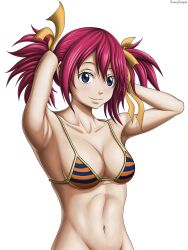 1girls belly belly_button bikini bikini_top blue_eyes breasts chelia_blendy fairy_tail red_hair swimsuit white_background