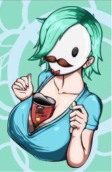 between_breasts big_breasts blue_clothing blue_shirt blue_topwear bow_tie breasts cleavage clothed clothing facial_hair female food green_hair hair hi_res human mammal mask moustache nipple_outline pringles shirt solo steph_chan topwear