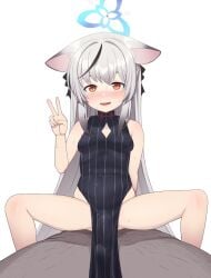 1boy animal_ears bare_arms bare_legs bare_shoulders blue_archive blush breasts bulge china_dress chinese_clothes clothed_female_nude_male covered_penetration dark-skinned_male dark_skin dress erection erection_under_clothes female grey_hair halo highres implied_sex kokona_(blue_archive) long_hair multicolored_hair nude open_mouth pelvic_curtain plum_blossom_garden_(blue_archive) sex shanhaijing_secondary_school_student simple_background small_breasts solo_focus spread_legs straddling straight striped sweat taji_(crowview) v vertical_stripes very_long_hair white_background