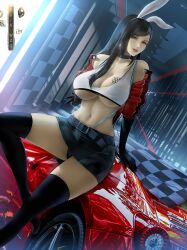 1girls belt beltskirt black_hair black_panties bra breasts bunny_ears checkered_flag choker fake_animal_ears final_fantasy final_fantasy_vii gloves jacket jacket_partially_removed large_breasts long_hair panties race_car race_queen rain_wzq red_eyes sitting_on_car skirt suspenders tattoo tattoo_on_breast tattoo_on_chest thighhighs tifa_lockhart white_bra