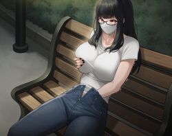 1girls bench big_breasts black_hair black_nails breasts bushes clothed_masturbation exhibitionism face_mask fully_clothed glasses grabbing_own_breast hand_in_pants hand_on_breast hand_under_clothes huge_breasts jagaimo jeans kkamja large_breasts long_hair masturbation masturbation_through_clothing nail_polish night original original_character outside painted_fingernails park_bench public_indecency public_masturbation red_eyes reina_(kkamja) shirt sitting street_lamp unzipped unzipped_pants white_shirt