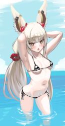 1girls 2022 armpits arms_up awesomeerix beach bikini black_bikini breasts cat_ears catgirl daytime female light-skinned_female light_skin long_ears micro_bikini nia nia_(blade) nia_(xenoblade) nintendo outdoors petite side-tie_bikini slim_body small_breasts thighs twintails water white_hair xenoblade_(series) xenoblade_chronicles_2 yellow_eyes