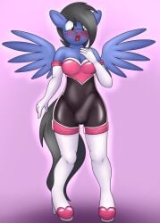 1futa anthro belle_nightjoy_(oc) bellenightjoy black_hair blue_body blue_feathers boots breasts bulge cleavage clothed clothing cosplay digital_media_(artwork) equid equine fan_character feathered_wings feathers footwear furry futa_only futanari genital_outline gynomorph hair hasbro hi_res intersex lipstick makeup mammal my_little_pony pegasus penis_outline pink_background rouge_the_bat rubber rubber_clothing rubber_suit sega simple_background solo sonic_(series) sonic_the_hedgehog_(series) standing wings yellow_eyes