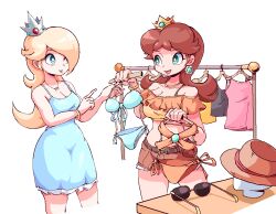 2girls belt bikini blonde_hair blue_bikini blue_dress blue_eyes blue_swimsuit bra_strap bracelet breasts brown_hair casual casual_clothes clothes_hanger clothes_rack crop_top crown dress earrings eyewear_removed flower_earrings front-tie_bikini green_eyes hair_over_one_eye hat holding_swimsuit long_hair mario_(series) medium_breasts midriff multiple_girls navel necklace nintendo orange_bikini orange_swimsuit princess_daisy princess_rosalina shorts side-tie_bikini sunglasses sunglasses_removed swimsuit