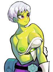 1girls areolae big_breasts breasts cheelai dragon_ball dragon_ball_super edu_pompom female_only gloves green_skin grey_body nipples purple_eyes short_hair solo solo_female upper_body wardrobe_malfunction white_background