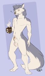 absurd_res animal_genitalia anthro canid canine canis casual_nudity coffee_mug genitals hi_res male male_only mammal morning sheath solo tired vorpale wolf