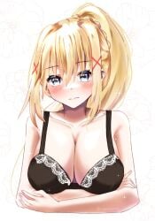 1girls bangs big_breasts black_bra blonde_hair blue_eyes blush bra breasts bright_pupils cleavage darkness_(konosuba) expressionless female hair_between_eyes kono_subarashii_sekai_ni_shukufuku_wo! large_breasts long_hair looking_at_viewer ponytail solo sparkle underwear very_long_hair yumenoakagi