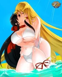 2girls beach bikini black_hair blonde_hair blue_eyes bow_bikini bow_in_hair bow_swimsuit breasts collarbone grey_eyes highleg highleg_bikini highleg_swimsuit hugging_from_behind kissing large_breasts large_breasts_lesbian long_hair multiple_girls navel red_collar red_ribbon ribbon ribbon_on_thigh side-tie_bikini sky standing_in_water sudachi swimsuit very_long_hair water white_bikini white_swimsuit yellow_ribbon yuri