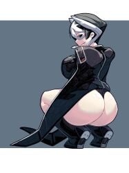 absurd_res ass_focus bare_ass big_ass black_and_white_hair black_clothing black_eyes boots bubble_butt coat female female_only full_body hair_between_eyes hi_res huge_ass kingofbandit156 looking_at_viewer looking_back made_in_abyss ozen pale-skinned_female pale_skin rear_view short_hair sideboob smile solo squatting two_tone_hair