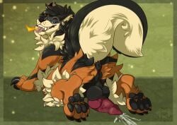 anthro arcanine awkore balls bodily_fluids booshie canid canine canis cum fire generation_1_pokemon genital_fluids genitals hybrid knot male male_only mammal nintendo pokemon pokemon_(species) solo sploot tongue tongue_out video_games wolf