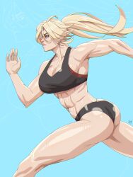 1girls abs arii_(r62) ass athletic big_breasts blonde_hair blue_background blue_eyes boobs_and_butt_pose breasts clothed elf female female_only light-skinned_female muscular muscular_female original original_character ponytail r62 running shorts sports_bra