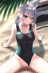 1boy animal_ear_fluff animal_ears azure-maya bangs beach black_one-piece_swimsuit blue_archive blue_eyes blurry blurry_foreground breasts censored cleavage clothing_aside collarbone competition_school_swimsuit competition_swimsuit covered_navel female fox_ears grey_hair hair_between_eyes hair_ornament highres leaning_back long_hair male medium_breasts mosaic_censoring motion_lines one-piece_swimsuit open_mouth penis pussy school_swimsuit sex shiny shiny_hair shiroko_(blue_archive) shiroko_(swimsuit)_(blue_archive) solo_focus straight sweatdrop swimsuit swimsuit_aside vaginal_penetration x_hair_ornament