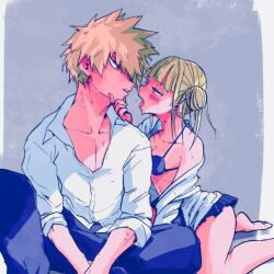 1girls almost_kissing bangs bare_legs bare_shoulders blonde_female/blonde_male blonde_hair clothed female hair_buns hand_on_chin heat himiko_toga holding_chin ikapnmn2 imminent_kiss katsuki_bakugou loose_clothes male my_hero_academia open_clothes open_mouth short_skirt small_breasts spiky_hair straight suggestive summer sweat sweating sweaty