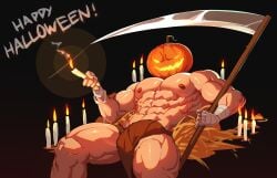 2022 abs absurd_res arm_wraps biceps black_background candle empty_eyes glowing_eyes glowing_mouth halloween hay holding_object holding_weapon humanoid humanoid_penis jack-o'-lantern light_skin loincloth looking_at_viewer lying male muscular muscular_humanoid muscular_male muscular_thighs nipples one_eye_half-closed open_mouth open_smile pecs penis penis_outline penis_under_clothes pumpkin_head scythe sedo sedo_(usingincognito) solo solo_male text usingincognito yellow_eyes yellow_mouth