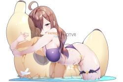 1girls ahoge artist_name ass banana big_breasts bikini breast_press breasts brown_hair food fruit hair_over_one_eye hotvr hug inflatable_toy kono_subarashii_sekai_ni_shukufuku_wo! large_breasts looking_at_viewer open_mouth purple_bikini round_teeth simple_background solo swimsuit teeth thigh_strap transparent upper_teeth water white_background wiz_(konosuba) yellow_eyes