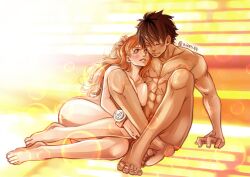 1boy 1boy1girl 1girls ass big_breasts black_hair breasts breasts_against_chest completely_nude completely_nude_female completely_nude_male couple cuddling curvy_female female log_pose long_hair male monkey_d_luffy muscular_male nami nude one_piece orange_hair post-timeskip romantic scar short_hair sitting thick_thighs wholesome zippi44