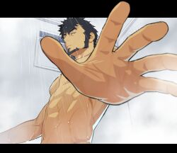 1boy bara bara_tits black_eyes black_hair bust_up dimension_w hand illusion itto_(mentaiko) light-skinned_male looking_at_viewer looking_down mabuchi_kyouma male male_only mentaiko muscles muscular muscular_male nude ponytail pov short_hair shower solo solo_male spiky_hair wet wet_body wet_skin