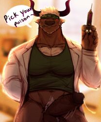 1boy abs accessory anthro balls body_hair bottomless bovid bovine cattle chest_hair clothed clothing doctor english_text erection genitals headband hi_res horn lifewonders male male_only mammal muscular muscular_anthro navel pecs penis shennong solo syringe tigergoru tokyo_afterschool_summoners video_games