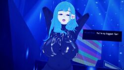 1girls 3d arms_behind_head arms_up concert cum cum_on_breasts cum_on_face dialogue kira_miki koikatsu large_breasts long_hair looking_at_viewer open_mouth spiritofrei teal_hair text va-11_hall-a