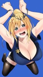 1girls armpits arms_up bangs bare_arms black_shorts blonde_hair blue_background blue_shirt blush bondage breasts breath brown_thighhighs collarbone cuffs darkness_(konosuba) green_eyes hair_ornament handcuffs izawa_(bhive003) kono_subarashii_sekai_ni_shukufuku_wo! large_breasts light-skinned_female light_skin long_hair no_shoes shiny shiny_clothes shiny_hair shirt shorts simple_background smile solo teeth thighhighs upper_teeth x_hair_ornament