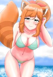 1girls ale_131 anime_onegai beach big_breasts bikini cleavage clouds day dengeki_onegai female_only latam_virtual_youtuber looking_at_viewer ocean orange_hair ponytail raccoon_tail racoon_ears racoon_girl sara_akari sky smiling_at_viewer swimsuit thong_bikini virtual_youtuber wet wet_body