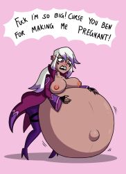 1girls belly ben_10 ben_10_omniverse big_belly big_breasts breasts charmcaster dark-skinned_female dark_skin dialogue female hand_on_belly huge_belly hyper_pregnancy large_breasts nipples outie outie_navel pregnant smog1 text white_hair