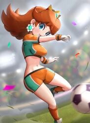 1girls ball big_breasts blue_eyes breasts brown_hair busty female female_only gonzarez hi_res knee_socks kneehighs kneesocks large_breasts legs lipstick long_hair makeup mario_(series) mario_strikers midriff navel nintendo orange_socks princess princess_daisy shorts soccer soccer_ball soccer_uniform socks sportswear thighs