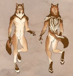 2015 animal_genitalia anthro athletic balls blue_eyes brown_body brown_fur brown_paws canid canine canis claws fully_sheathed fur fur_markings genitals hibbary looking_at_viewer male male_only mammal markings model_sheet monotone_body monotone_fur neck_tuft nude pawpads sheath simple_background smile solo tan_body tan_fur tuft white_body white_claws white_fur wolf