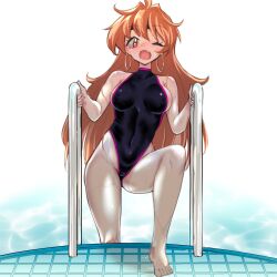 1girls 2022 blush earrings female female_only hi_res lina_inverse long_hair looking_at_viewer mocco_san1 nipple_bulge one_eye_closed open_mouth orange_eyes orange_hair poolside sideboob slayers solo solo_female swimsuit wet_skin