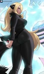 2020s 2022 absurdres ass black_coat black_pants blonde_hair bubble_butt coat creatures_(company) cynthia_(pokemon) echosaber female fur-trimmed_coat fur_collar fur_trim game_freak garchomp hair_over_one_eye highres holding holding_poke_ball lips long_hair nintendo pants poke_ball pokemon pokemon_(game) pokemon_(species) pokemon_dppt solo tight tight_pants very_long_hair wavy_hair