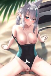 1boy animal_ear_fluff animal_ears azure-maya bag bangs beach black_one-piece_swimsuit blue_archive blue_eyes blurry blurry_foreground breasts censored clothes_pull clothing_aside collarbone competition_school_swimsuit competition_swimsuit covered_navel female fox_ears grey_hair hair_between_eyes hair_ornament heart highres leaning_back long_hair medium_breasts mosaic_censoring motion_lines nipples one-piece_swimsuit open_mouth penis pussy school_bag school_swimsuit sex shiny shiny_hair shiroko_(blue_archive) shiroko_(swimsuit)_(blue_archive) solo_focus straight sweatdrop swimsuit swimsuit_aside swimsuit_pull vaginal_penetration x_hair_ornament