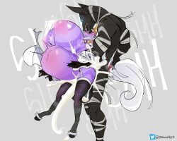 1boy 1girls bandages big_belly big_dom_small_sub dragunheck earrings hooves huge_balls huge_breasts huge_cock inflation jackel kissing lactation league_of_legends long_hair maid maid_uniform nasus ponytail purple_skin riot_games simple_background size_difference soraka stand_and_carry_position stockings stomach_bulge tagme text torn_clothes twitter_username white_background white_hair