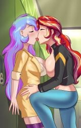 2022 2girls age_difference big_breasts breasts cogbrony commission equestria_girls female female_only french_kiss french_kissing friendship_is_magic hand_on_hip hasbro hi_res highres huge_breasts jacket jeans kissing large_breasts making_out mature_female multicolored_hair my_little_pony my_little_pony_friendship_is_magic older_female older_woman_and_teenage_girl open_clothes open_jacket partially_clothed passionate princess_celestia_(mlp) principal_and_student principal_celestia romantic romantic_couple sideboob sunset_shimmer symmetrical_docking tongue tongue_kiss two_tone_hair yuri