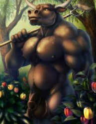 1boy 2021 anthro ball_tuft balls ballsack big_pecs body_fur body_hair bovine brown_fur chest_hair facial_hair farm farmer flaccid_penis foreskin forest fuzzyfuzz genitals goatee hi_res hoe hoe_(tool) holding_object horns humanoid_genitalia humanoid_penis intact looking_aside male male_nipples male_only male_pubic_hair mammal masculine mature_male mouth_closed musclegut muscles muscular_male navel nude_male outside pecs penis plant portrait pubes scrotum smile smooth_fur smooth_penis solo standing testicles three-quarter_portrait tools tree uncut unretracted_foreskin