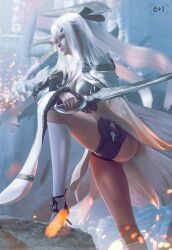 absurd_res dragon drakengard drakengard_3 hi_res high_heels highres long_hair mikhail_(drag-on_dragoon) robotic_arm sixplusone sword upskirt white_hair zero_(drag-on_dragoon) zero_(drakengard)